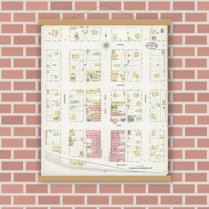 Old map wall art mockup — magnetic wood frame on brick wall — Sanborn Fire Insurance Map from Hamilton, Caldwell County, Missouri (1898), Sheet #0002