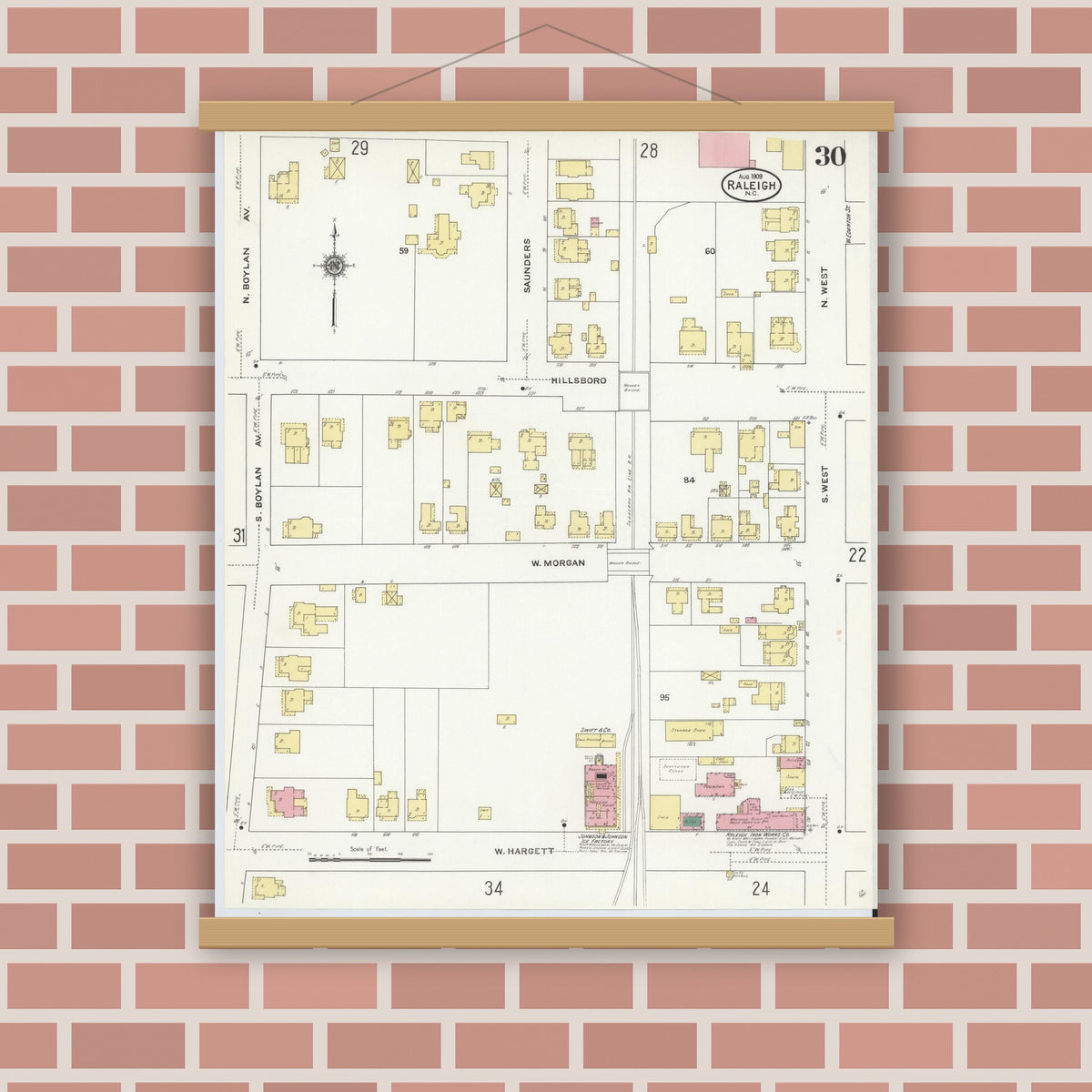 Old map wall art mockup — magnetic wood frame on brick wall — Sanborn Fire Insurance Map from Raleigh, Wake County, North Carolina (1909), Sheet #0030