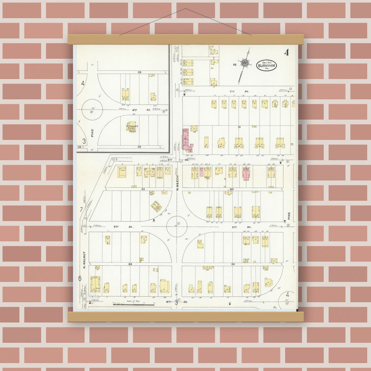 Old map wall art mockup — magnetic wood frame on brick wall — Sanborn Fire Insurance Map from Burnham, Mifflin County, Pennsylvania (1910), Sheet #0004