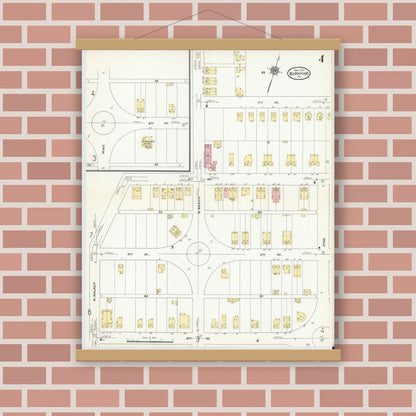 Old map wall art mockup — magnetic wood frame on brick wall — Sanborn Fire Insurance Map from Burnham, Mifflin County, Pennsylvania (1910), Sheet #0004