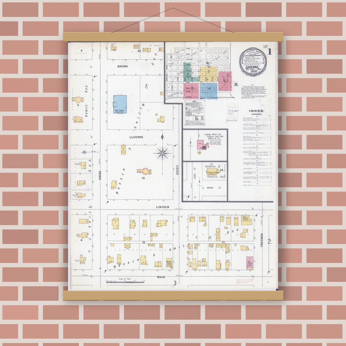 Old map wall art mockup — magnetic wood frame on brick wall — Sanborn Fire Insurance Map from Luverne, Rock County, Minnesota (1900), Sheet #0001