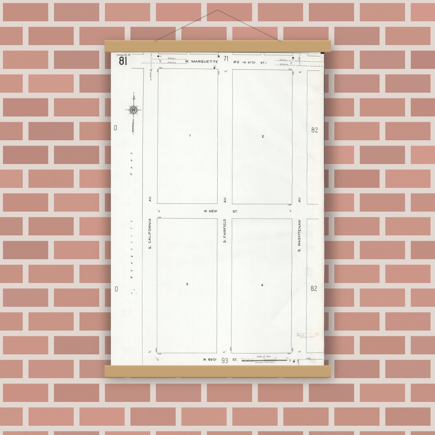 Old map wall art mockup — magnetic wood frame on brick wall — Sanborn Fire Insurance Map from Chicago, Cook County, Illinois (1920), Sheet #0081