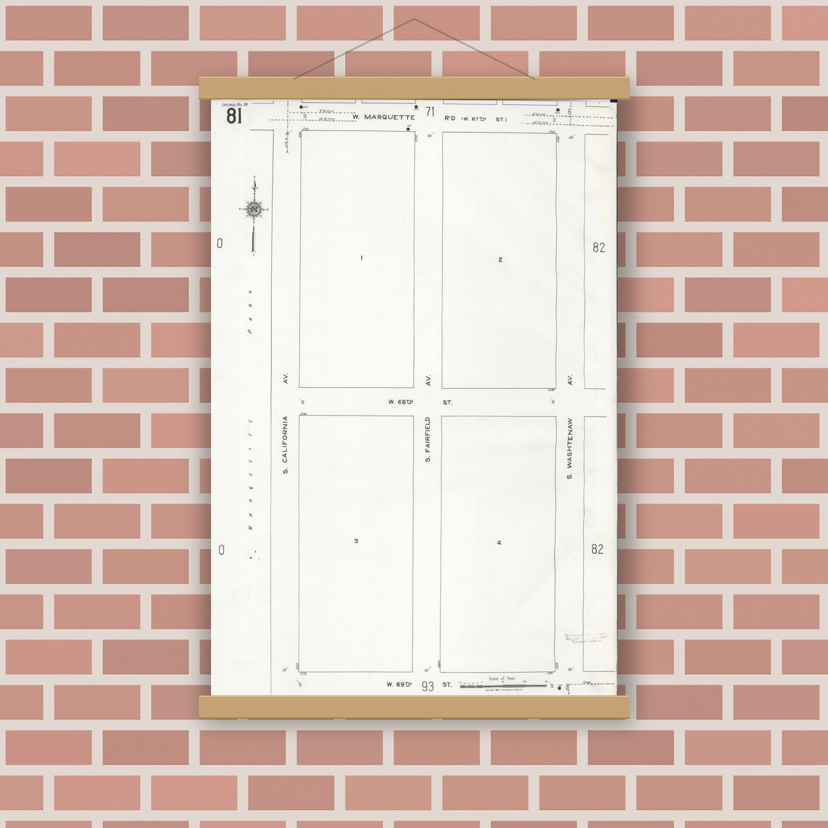 Old map wall art mockup — magnetic wood frame on brick wall — Sanborn Fire Insurance Map from Chicago, Cook County, Illinois (1920), Sheet #0081