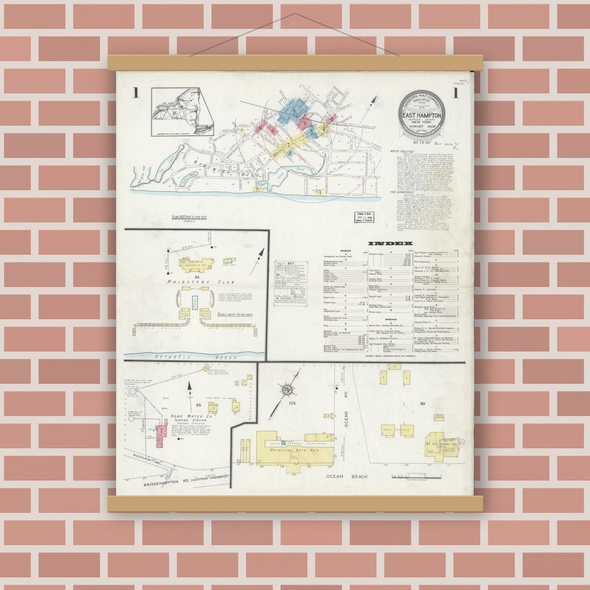 Old map wall art mockup — magnetic wood frame on brick wall — Sanborn Fire Insurance Map from Easthampton, Suffolk County, New York (1929) - Complete Map Set