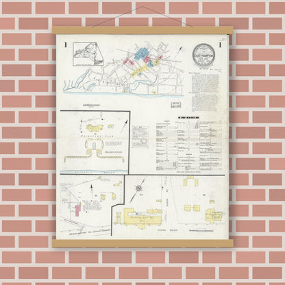 Old map wall art mockup — magnetic wood frame on brick wall — Sanborn Fire Insurance Map from Easthampton, Suffolk County, New York (1929) - Complete Map Set