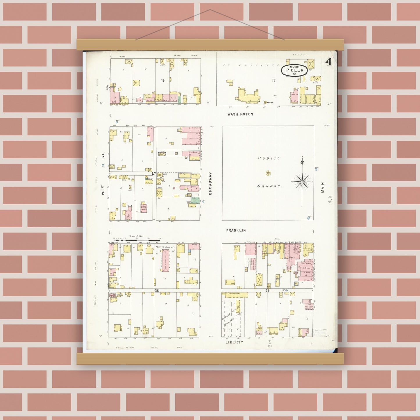 Old map wall art mockup — magnetic wood frame on brick wall — Sanborn Fire Insurance Map from Pella, Marion County, Iowa (1895), Sheet #0004