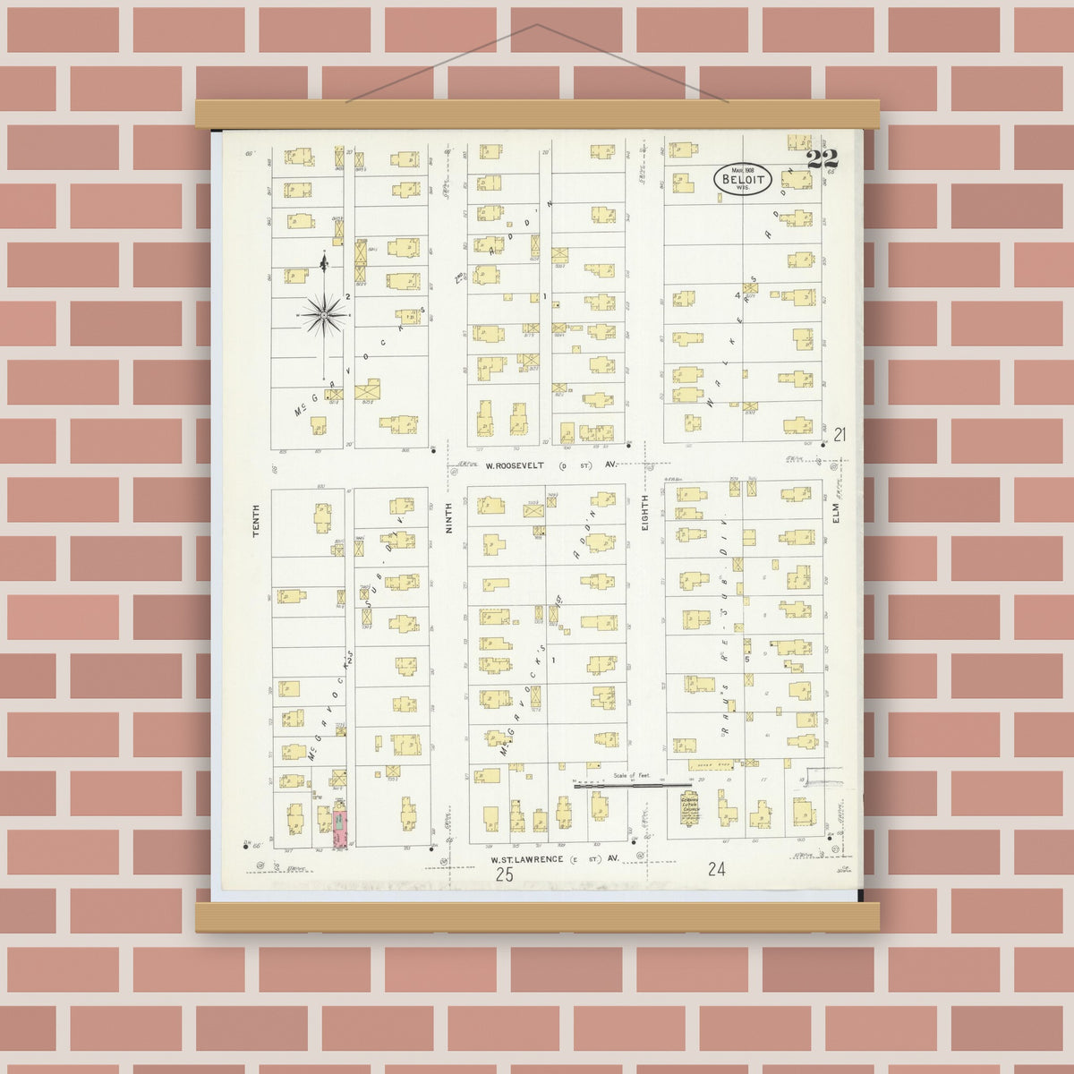 Old map wall art mockup — magnetic wood frame on brick wall — Sanborn Fire Insurance Map from Beloit, Rock County, Wisconsin (1908), Sheet #0022