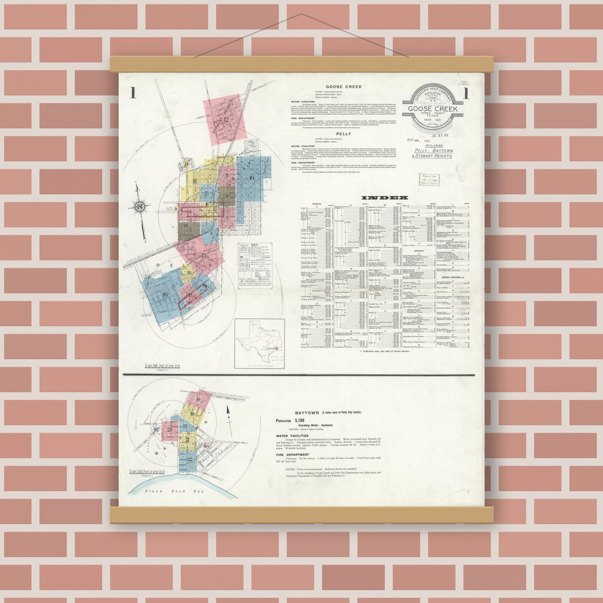 Old map wall art mockup — magnetic wood frame on brick wall — Sanborn Fire Insurance Map from Goose Creek, Harris County, Texas (1931), Sheet #0001