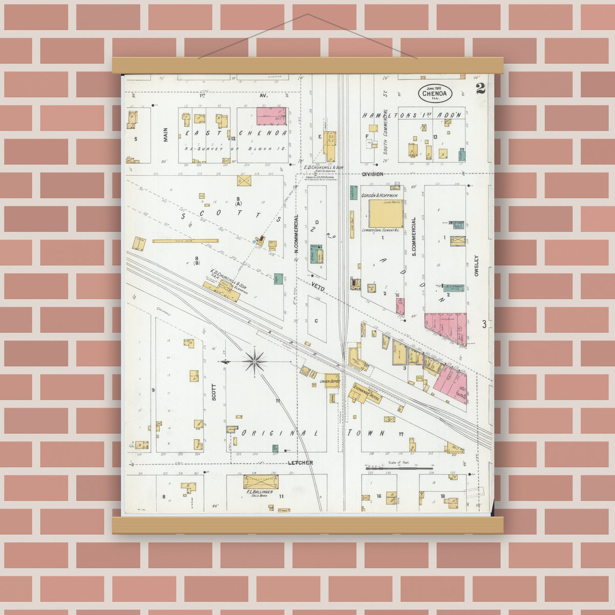 Old map wall art mockup — magnetic wood frame on brick wall — Sanborn Fire Insurance Map from Chenoa, McLean County, Illinois (1901), Sheet #0002