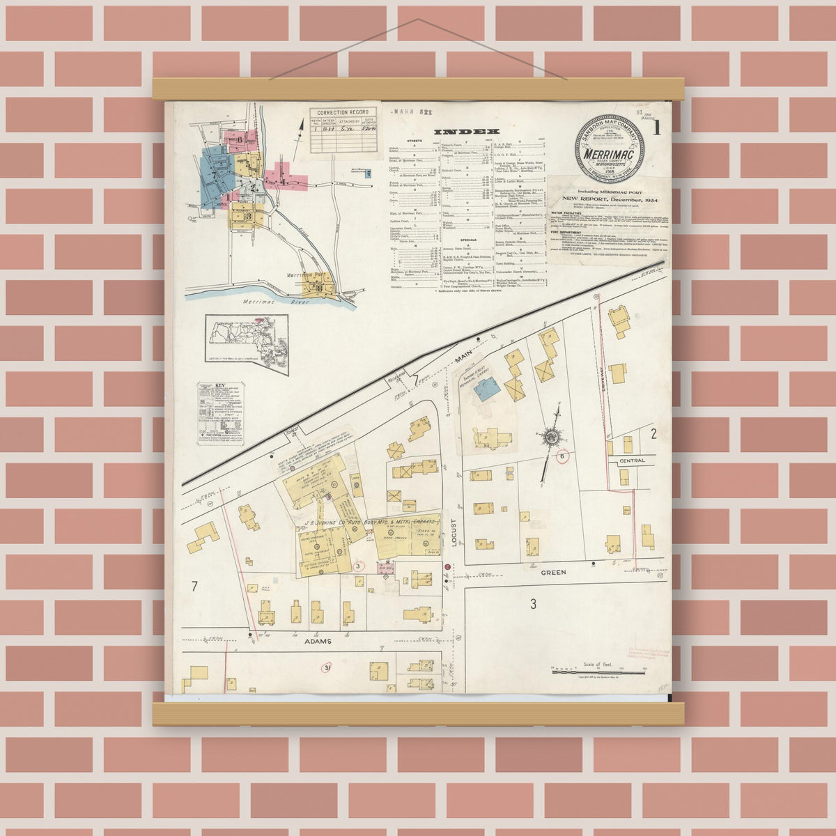 Old map wall art mockup — magnetic wood frame on brick wall — Sanborn Fire Insurance Map from Merrimac, Essex County, Massachusetts (1934) - Complete Map Set