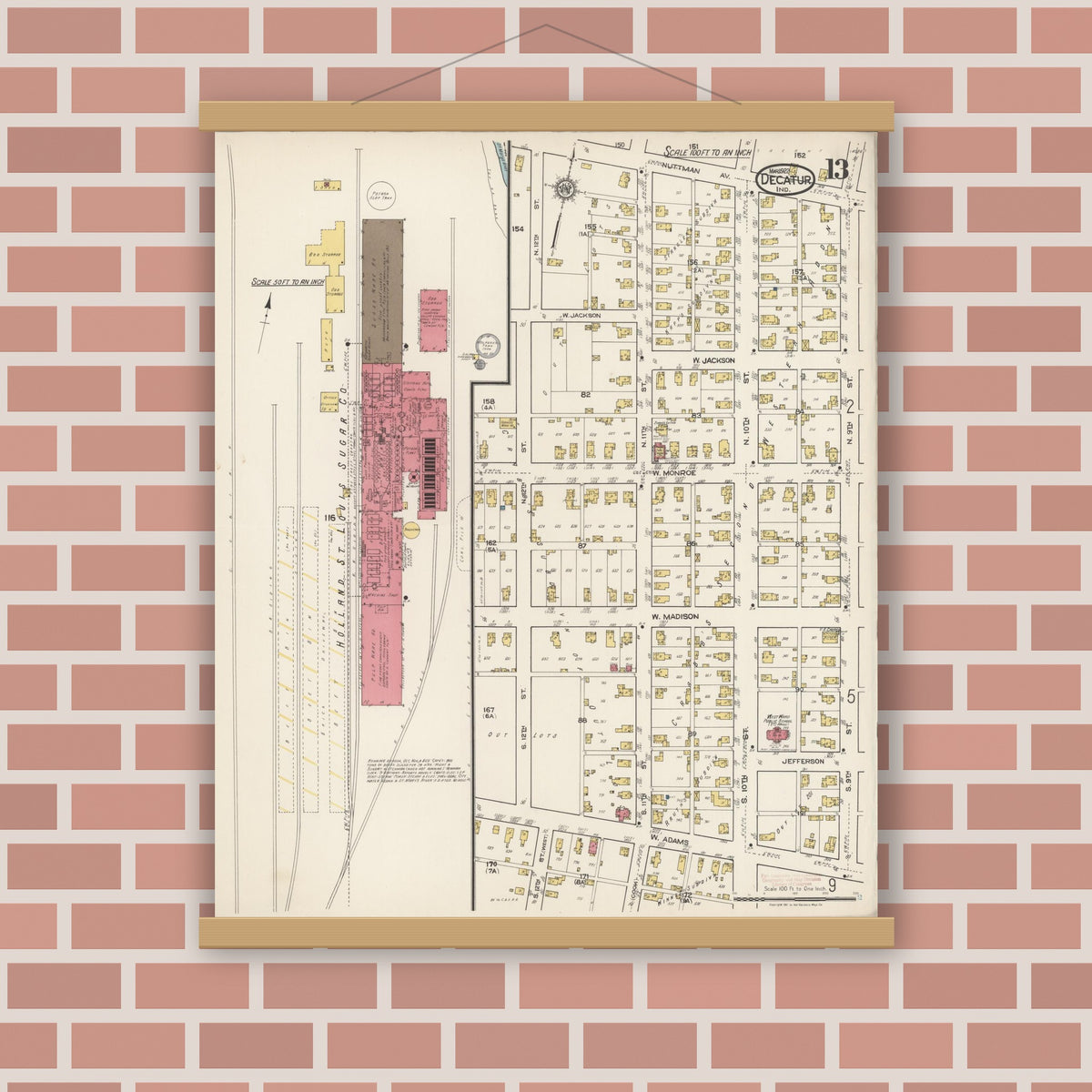 Old map wall art mockup — magnetic wood frame on brick wall — Sanborn Fire Insurance Map from Decatur, Adams County, Indiana (1922), Sheet #0013