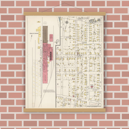 Old map wall art mockup — magnetic wood frame on brick wall — Sanborn Fire Insurance Map from Decatur, Adams County, Indiana (1922), Sheet #0013