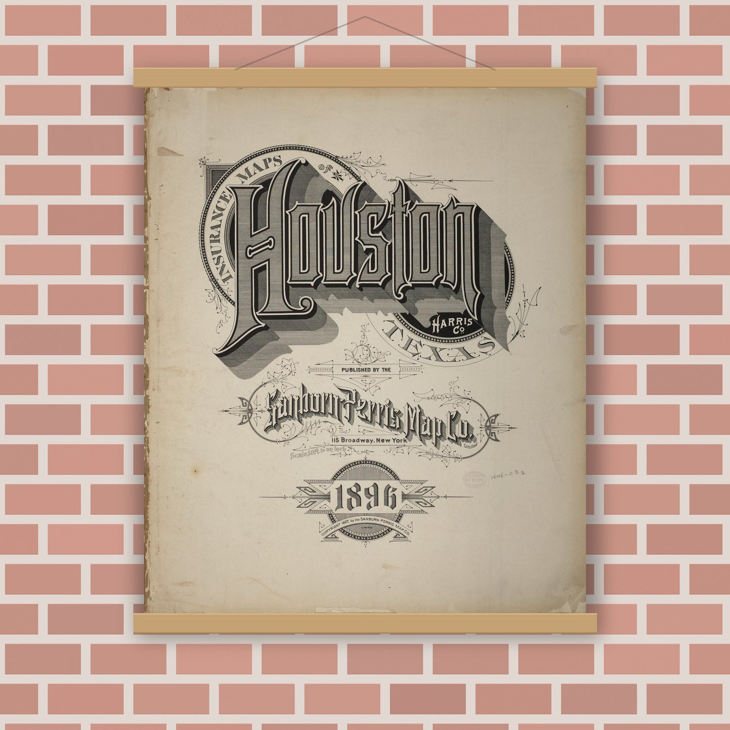 Old map wall art mockup — magnetic wood frame on brick wall — Sanborn Fire Insurance Map from Houston, Harris County, Texas (1896), Sheet #0001