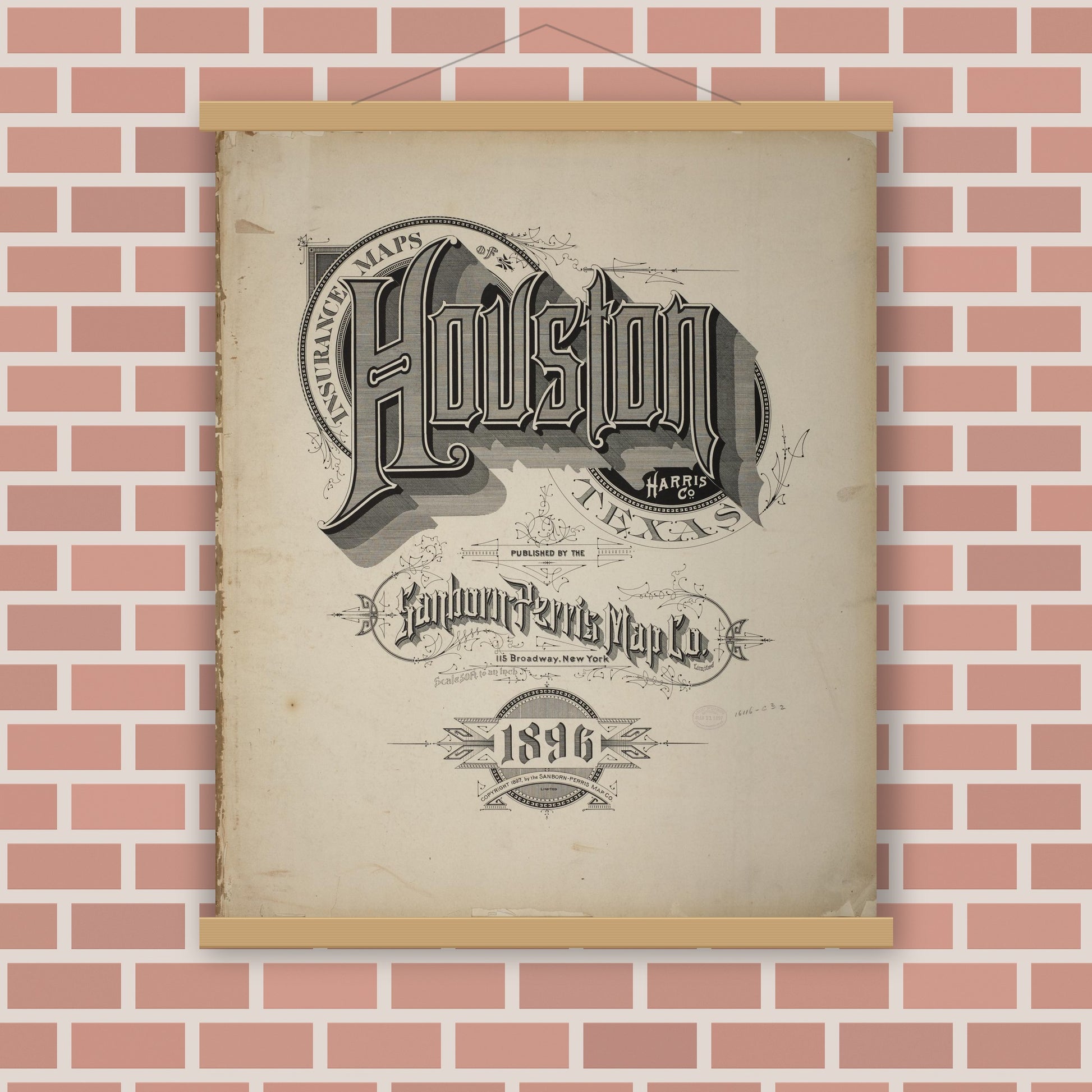 Old map wall art mockup — magnetic wood frame on brick wall — Sanborn Fire Insurance Map from Houston, Harris County, Texas (1896), Sheet #0001