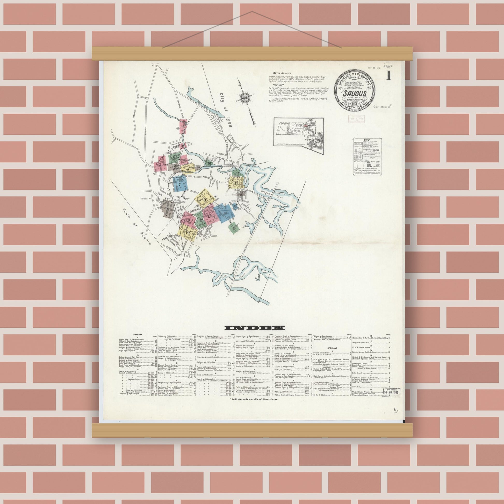Old map wall art mockup — magnetic wood frame on brick wall — Sanborn Fire Insurance Map from Saugus, Essex County, Massachusetts (1913) - Complete Map Set