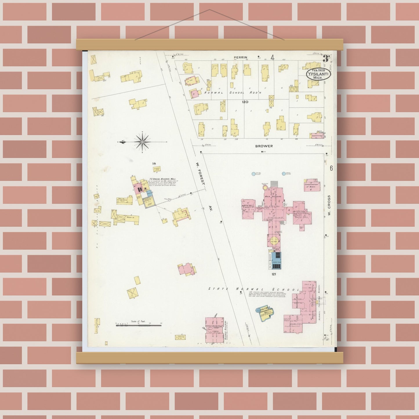 Old map wall art mockup — magnetic wood frame on brick wall — Sanborn Fire Insurance Map from Ypsilanti, Washtenaw County, Michigan (1909), Sheet #0003