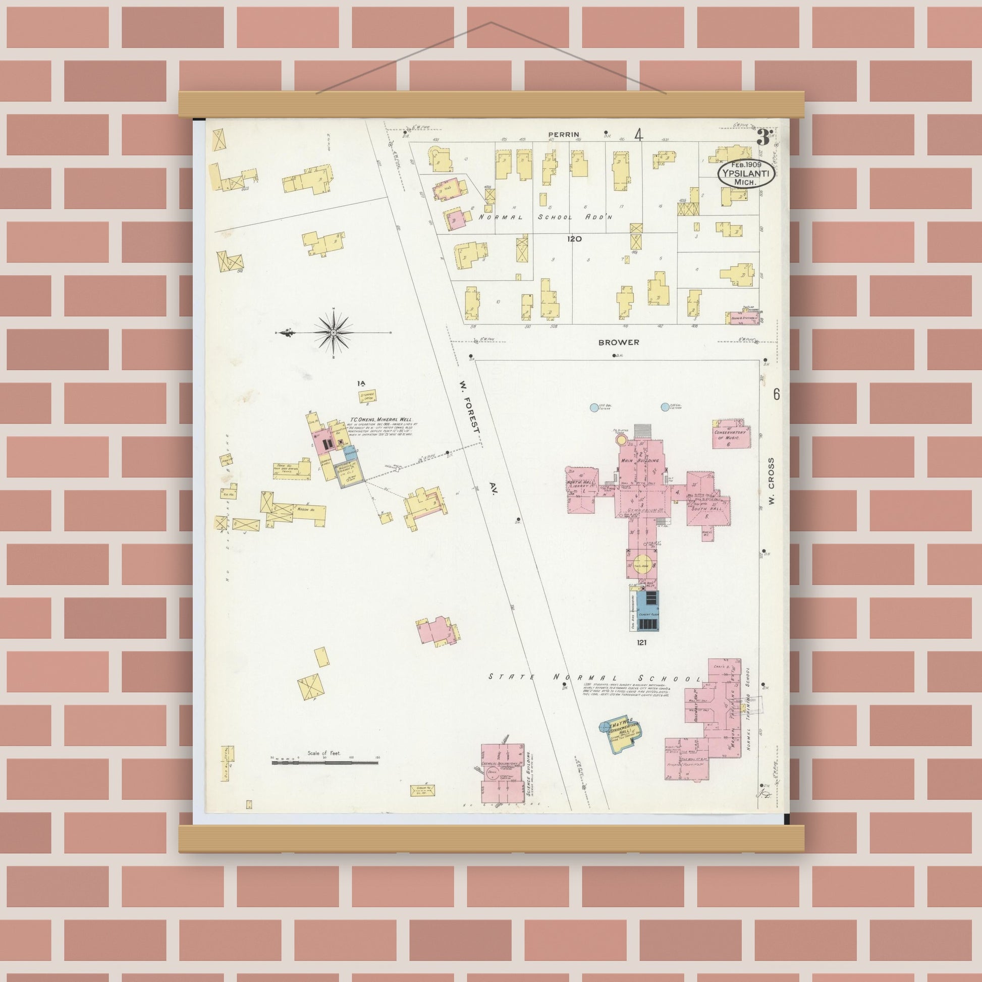 Old map wall art mockup — magnetic wood frame on brick wall — Sanborn Fire Insurance Map from Ypsilanti, Washtenaw County, Michigan (1909), Sheet #0003