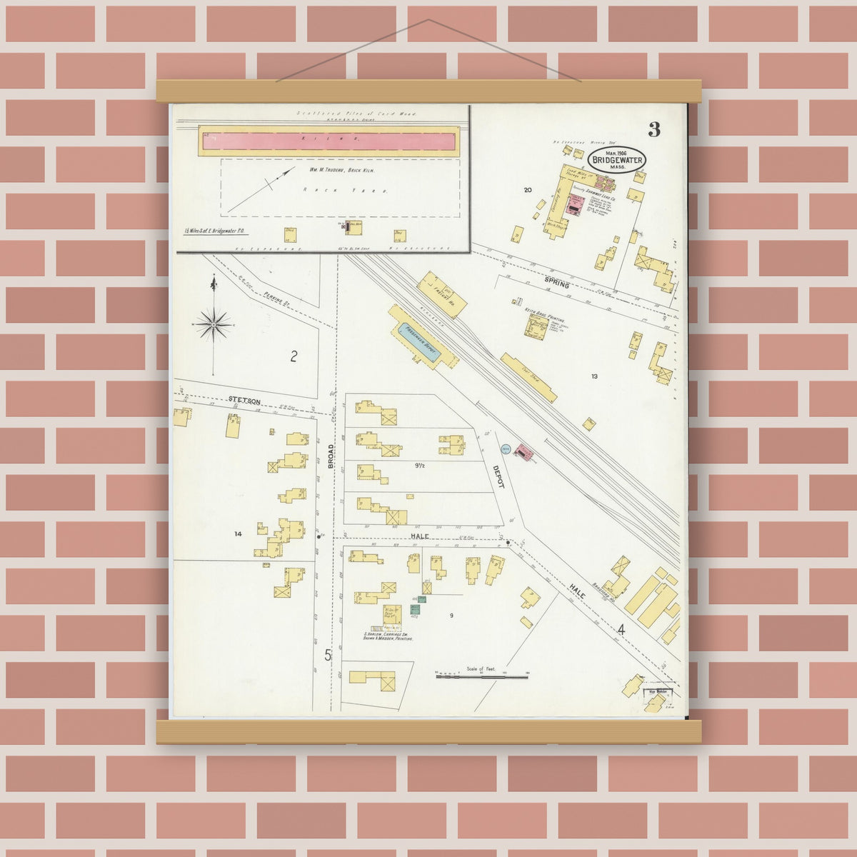 Old map wall art mockup — magnetic wood frame on brick wall — Sanborn Fire Insurance Map from Bridgewater, Plymouth County, Massachusetts (1906), Sheet #0003