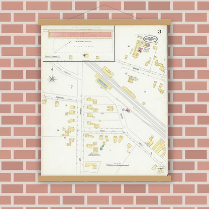 Old map wall art mockup — magnetic wood frame on brick wall — Sanborn Fire Insurance Map from Bridgewater, Plymouth County, Massachusetts (1906), Sheet #0003