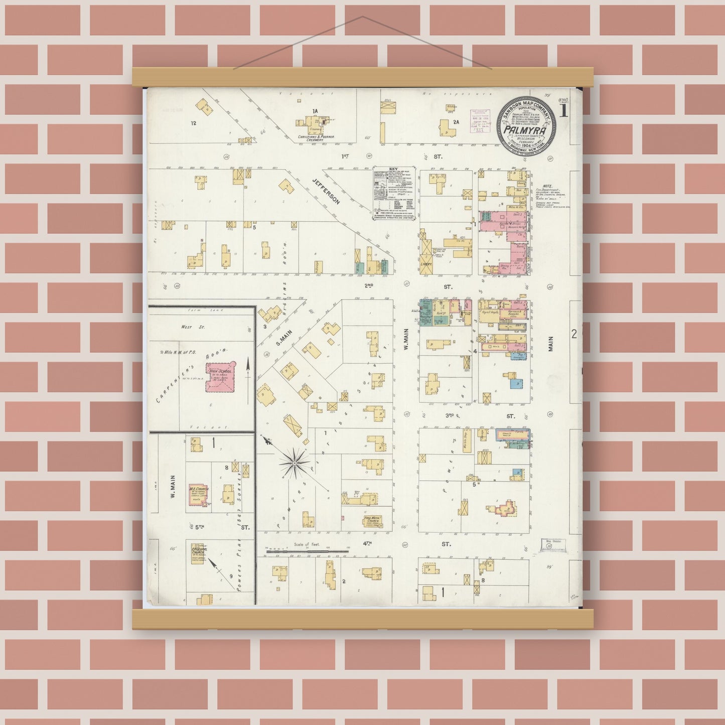 Old map wall art mockup — magnetic wood frame on brick wall — Sanborn Fire Insurance Map from Palmyra, Jefferson County, Wisconsin (1904), Sheet #0001