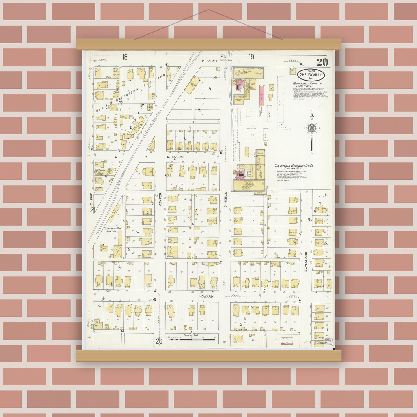 Old map wall art mockup — magnetic wood frame on brick wall — Sanborn Fire Insurance Map from Shelbyville, Shelby County, Indiana (1910), Sheet #0020