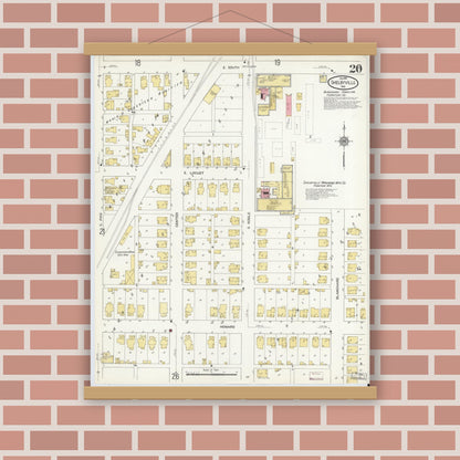 Old map wall art mockup — magnetic wood frame on brick wall — Sanborn Fire Insurance Map from Shelbyville, Shelby County, Indiana (1910), Sheet #0020