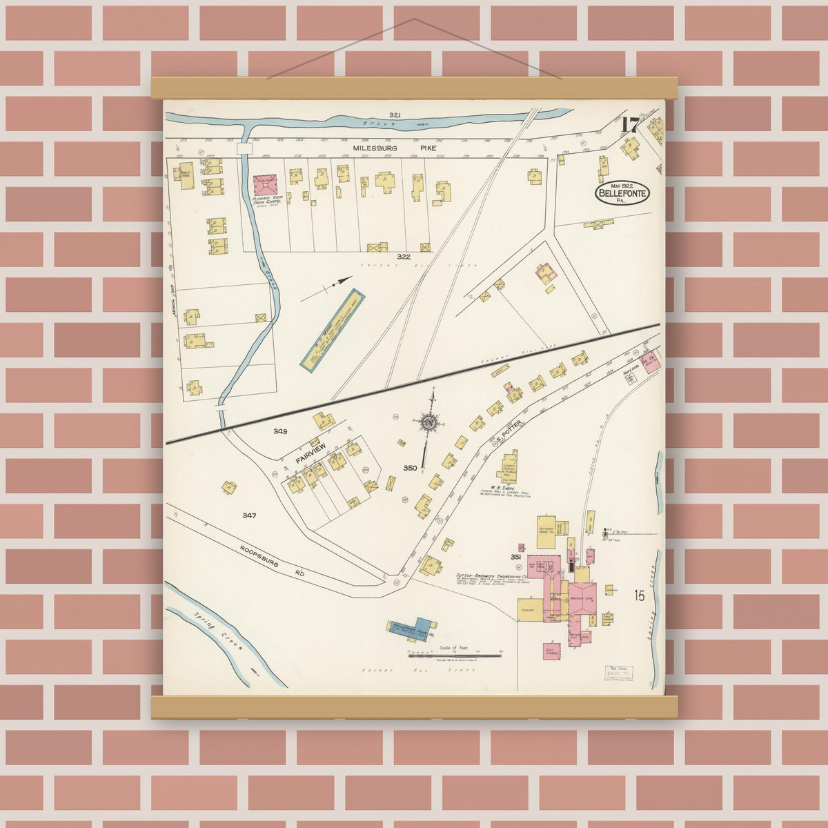 Old map wall art mockup — magnetic wood frame on brick wall — Sanborn Fire Insurance Map from Bellefonte, Centre County, Pennsylvania (1922), Sheet #0017