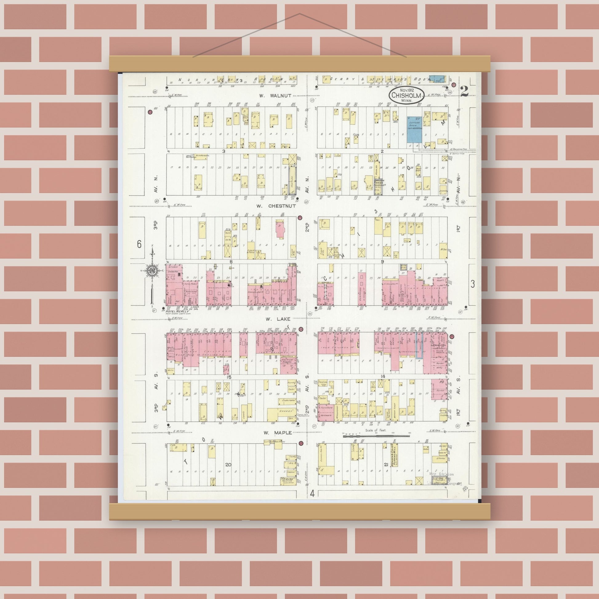 Old map wall art mockup — magnetic wood frame on brick wall — Sanborn Fire Insurance Map from Chisholm, Saint Louis County, Minnesota (1912), Sheet #0002
