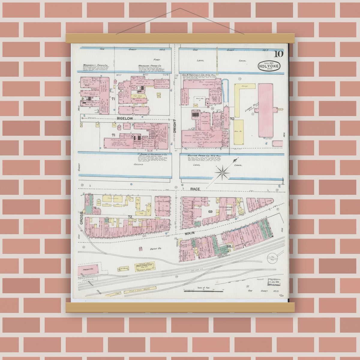 Old map wall art mockup — magnetic wood frame on brick wall — Sanborn Fire Insurance Map from Holyoke, Hampden County, Massachusetts (1889), Sheet #0010
