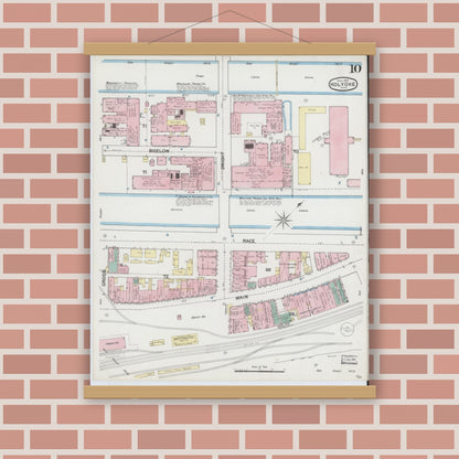 Old map wall art mockup — magnetic wood frame on brick wall — Sanborn Fire Insurance Map from Holyoke, Hampden County, Massachusetts (1889), Sheet #0010