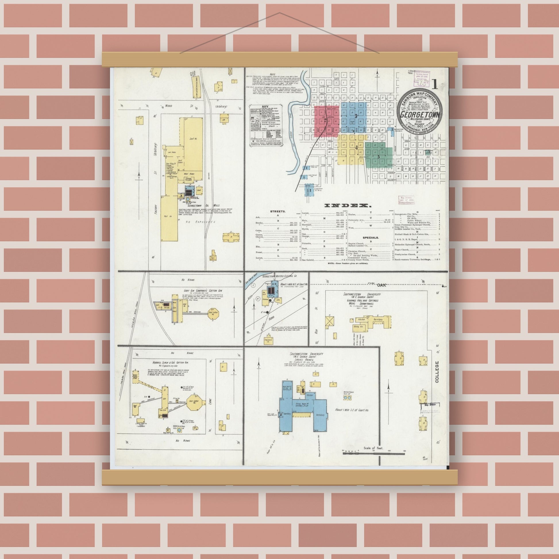 Old map wall art mockup — magnetic wood frame on brick wall — Sanborn Fire Insurance Map from Georgetown, Williamson County, Texas (1905) - Complete Map Set