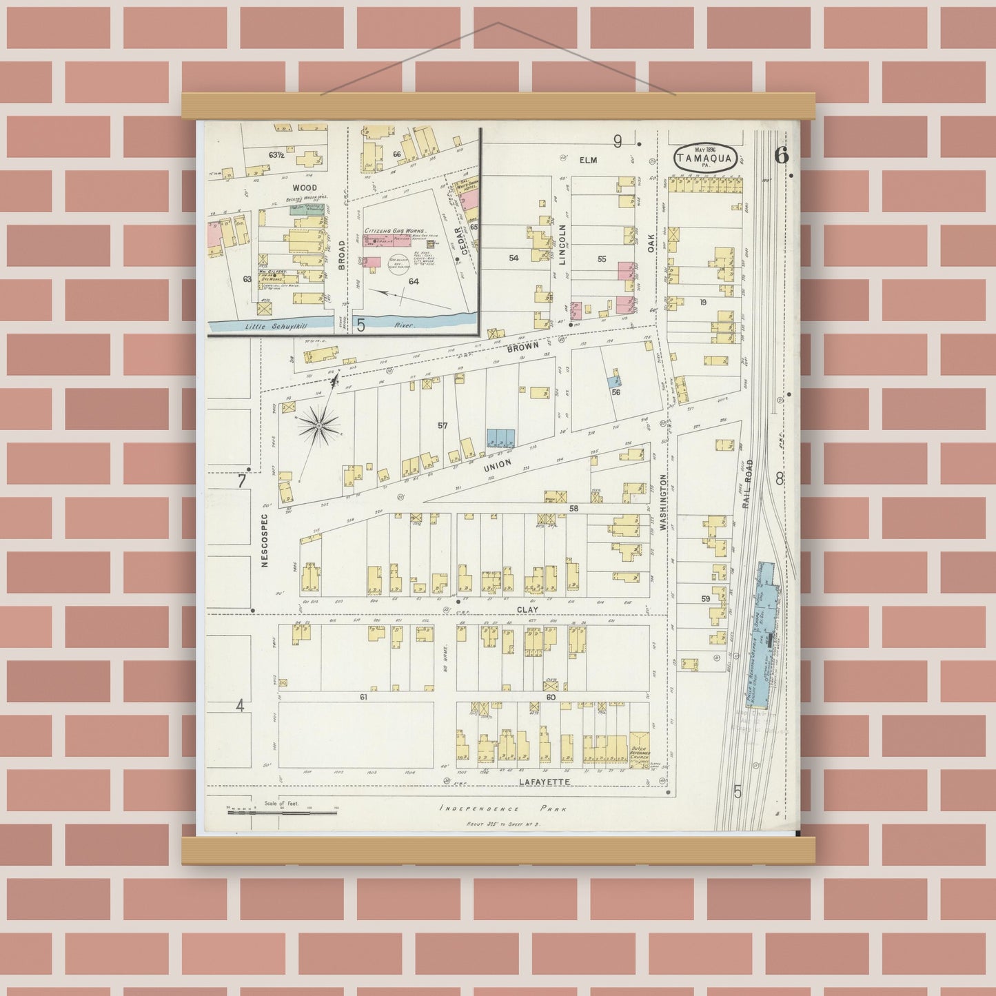 Old map wall art mockup — magnetic wood frame on brick wall — Sanborn Fire Insurance Map from Tamaqua, Schuylkill County, Pennsylvania (1896), Sheet #0006