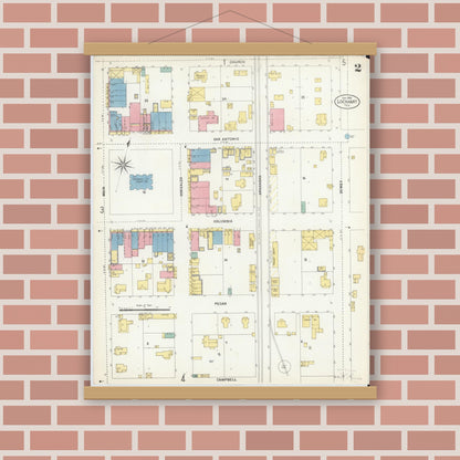 Old map wall art mockup — magnetic wood frame on brick wall — Sanborn Fire Insurance Map from Lockhart, Caldwell County, Texas (1903), Sheet #0002