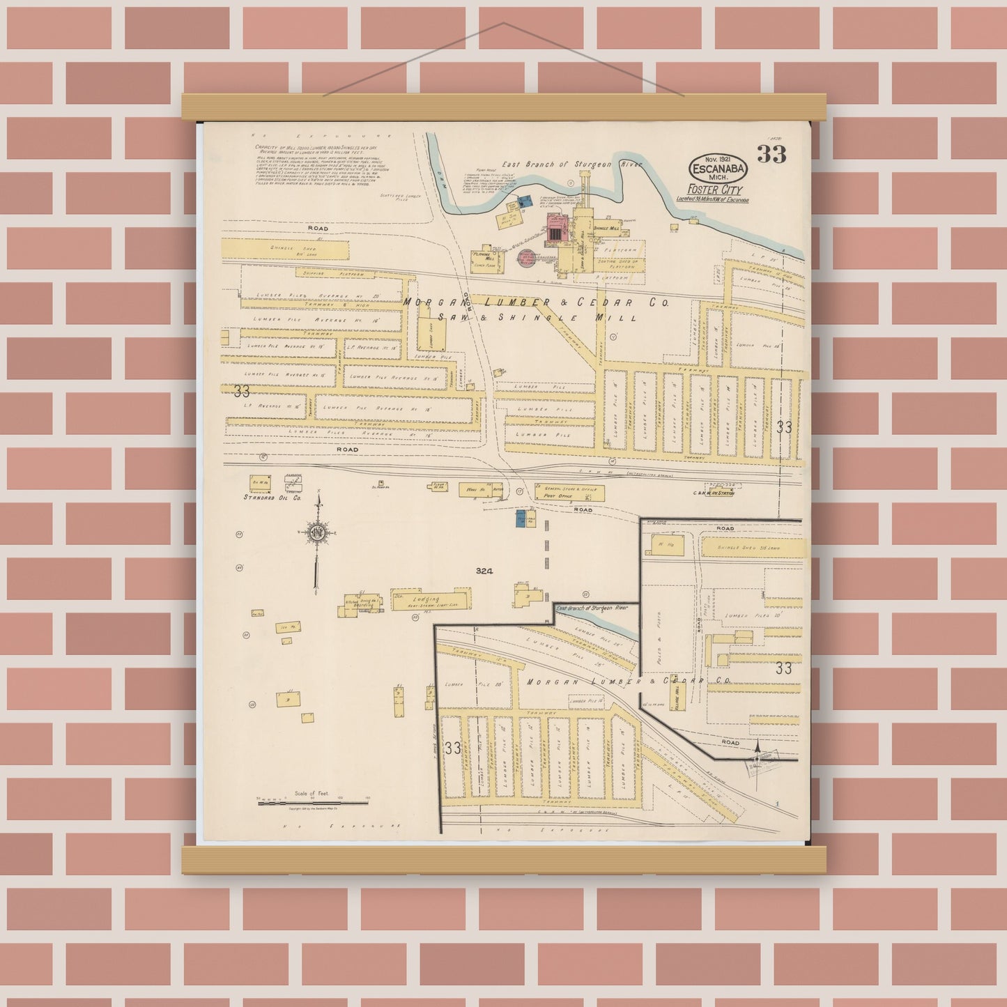 Old map wall art mockup — magnetic wood frame on brick wall — Sanborn Fire Insurance Map from Escanaba, Delta County, Michigan (1921), Sheet #0033