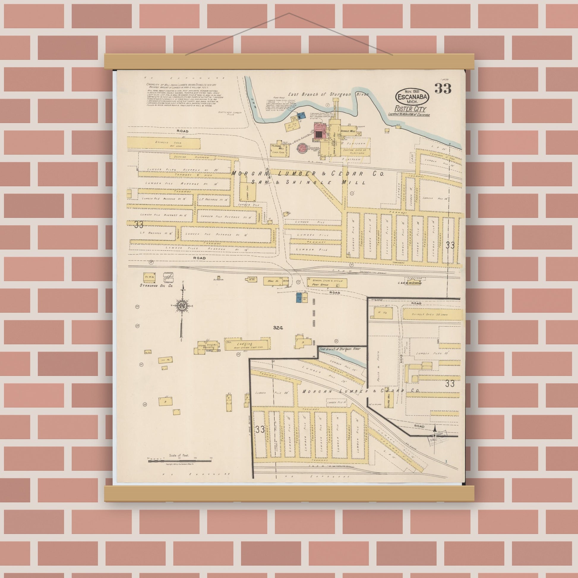 Old map wall art mockup — magnetic wood frame on brick wall — Sanborn Fire Insurance Map from Escanaba, Delta County, Michigan (1921), Sheet #0033