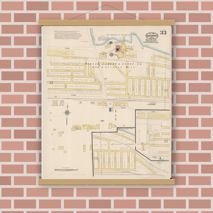 Old map wall art mockup — magnetic wood frame on brick wall — Sanborn Fire Insurance Map from Escanaba, Delta County, Michigan (1921), Sheet #0033