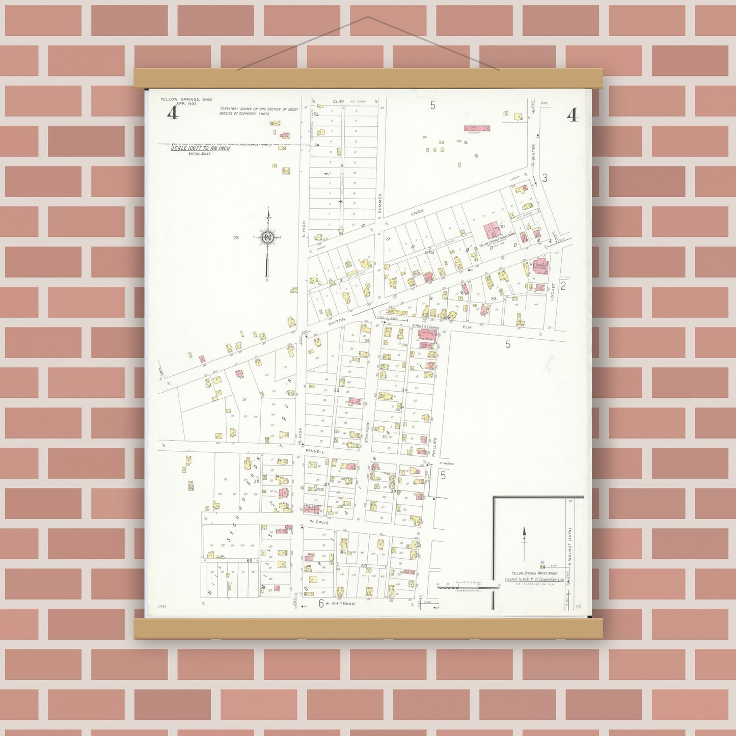 Old map wall art mockup — magnetic wood frame on brick wall — Sanborn Fire Insurance Map from Yellow Springs, Greene County, Ohio (1937), Sheet #0004