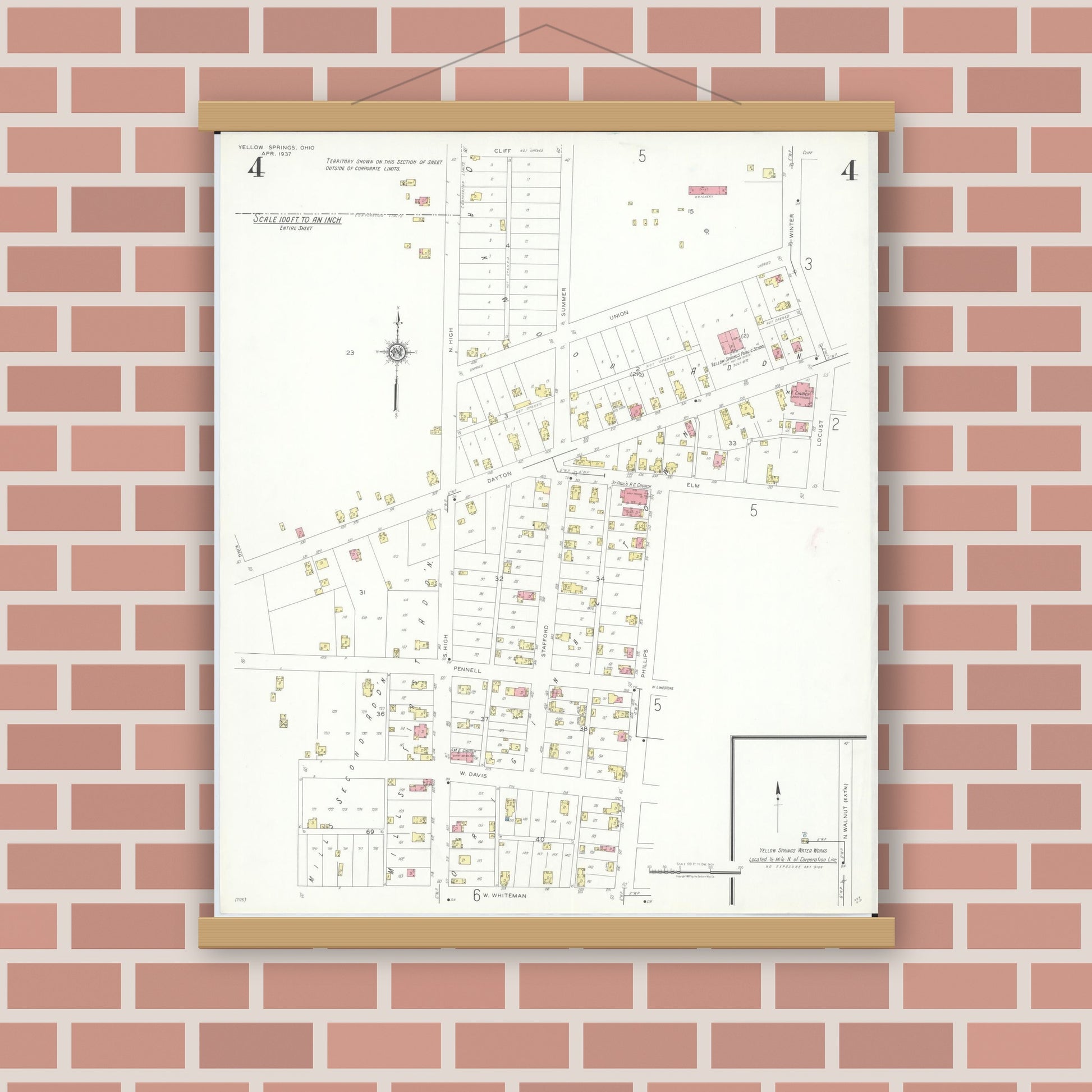 Old map wall art mockup — magnetic wood frame on brick wall — Sanborn Fire Insurance Map from Yellow Springs, Greene County, Ohio (1937), Sheet #0004