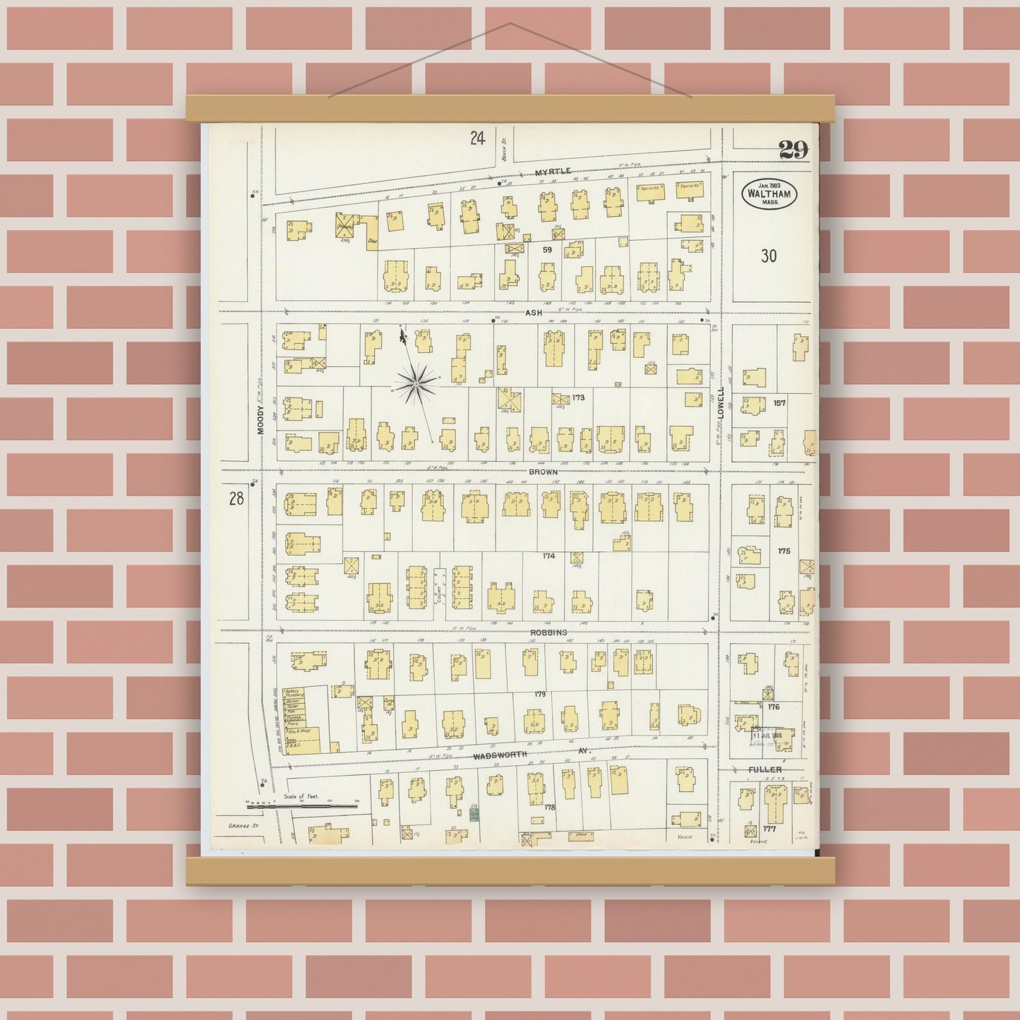 Old map wall art mockup — magnetic wood frame on brick wall — Sanborn Fire Insurance Map from Waltham, Middlesex County, Massachusetts (1903), Sheet #0029