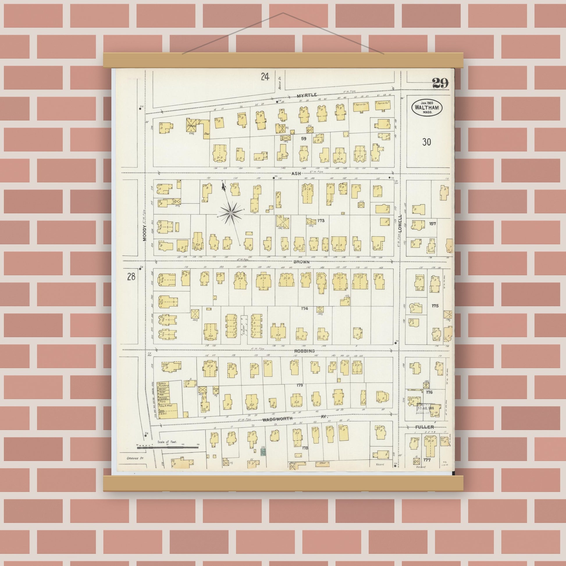 Old map wall art mockup — magnetic wood frame on brick wall — Sanborn Fire Insurance Map from Waltham, Middlesex County, Massachusetts (1903), Sheet #0029