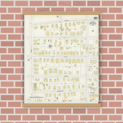 Old map wall art mockup — magnetic wood frame on brick wall — Sanborn Fire Insurance Map from Waltham, Middlesex County, Massachusetts (1903), Sheet #0029