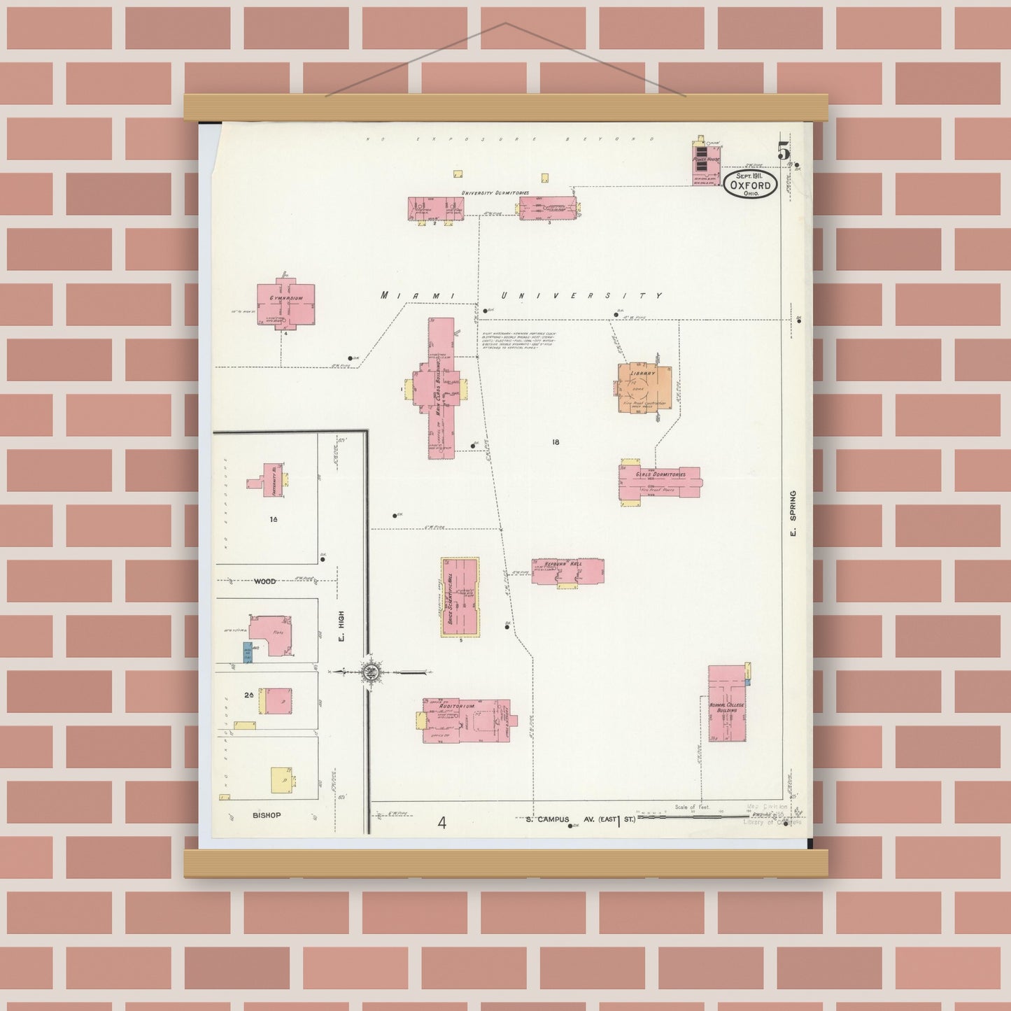 Old map wall art mockup — magnetic wood frame on brick wall — Sanborn Fire Insurance Map from Oxford, Butler County, Ohio (1911), Sheet #0005