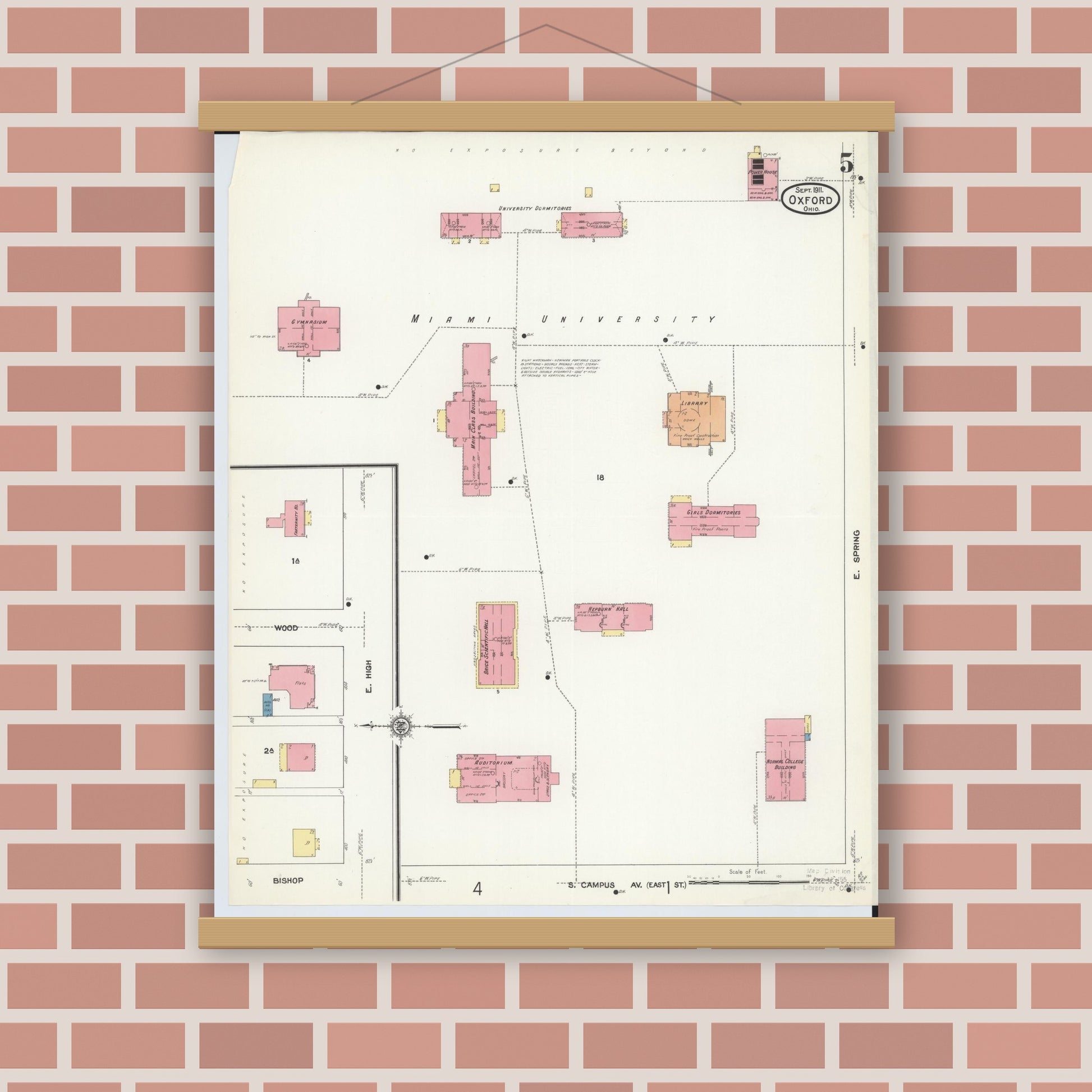 Old map wall art mockup — magnetic wood frame on brick wall — Sanborn Fire Insurance Map from Oxford, Butler County, Ohio (1911), Sheet #0005