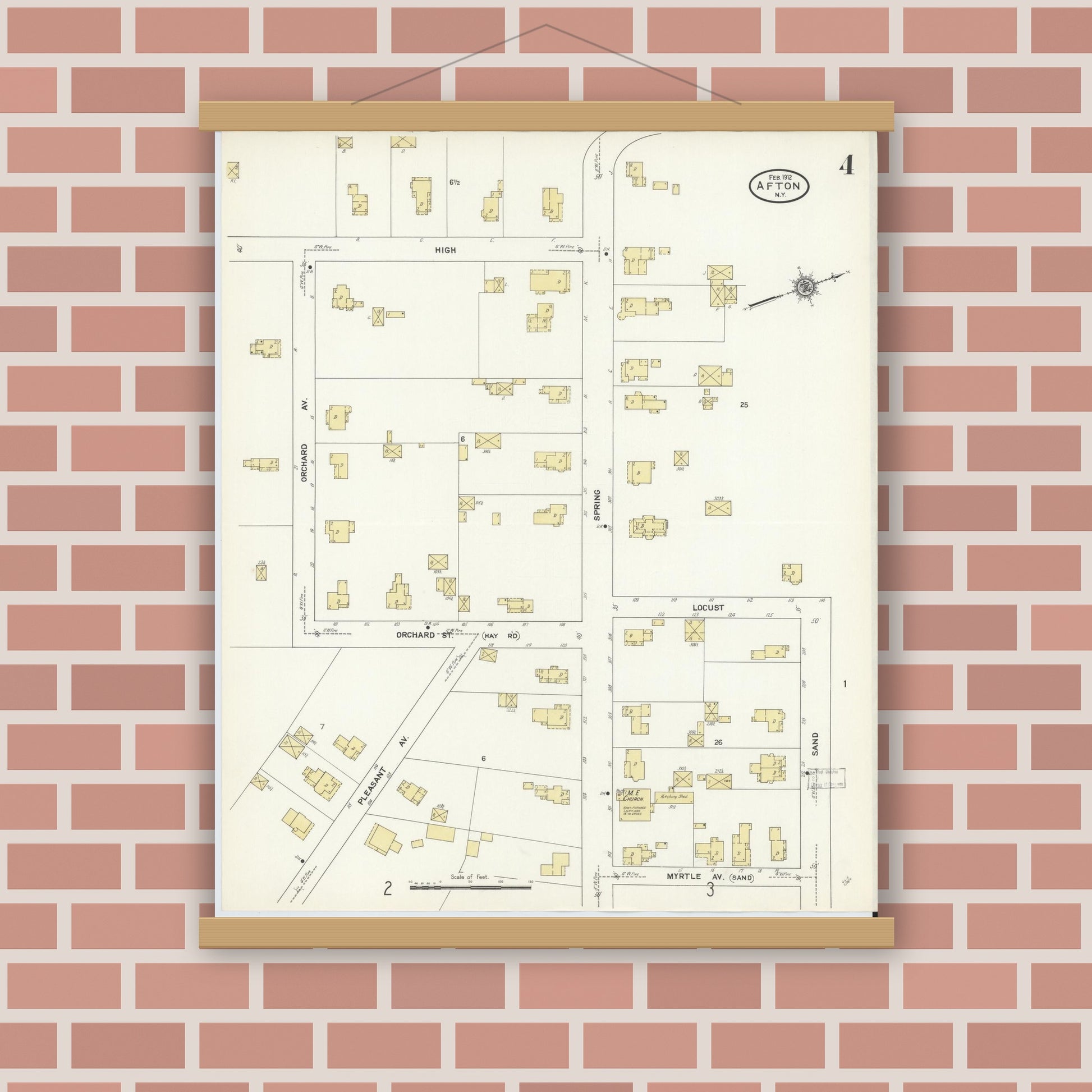 Old map wall art mockup — magnetic wood frame on brick wall — Sanborn Fire Insurance Map from Afton, Chenango County, New York (1912), Sheet #0004