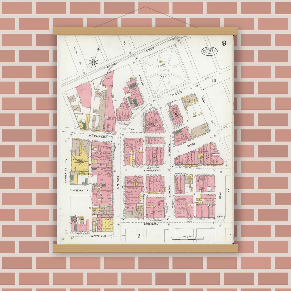Old map wall art mockup — magnetic wood frame on brick wall — Sanborn Fire Insurance Map from El Paso, El Paso County, Texas (1902), Sheet #0009