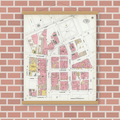Old map wall art mockup — magnetic wood frame on brick wall — Sanborn Fire Insurance Map from El Paso, El Paso County, Texas (1902), Sheet #0009