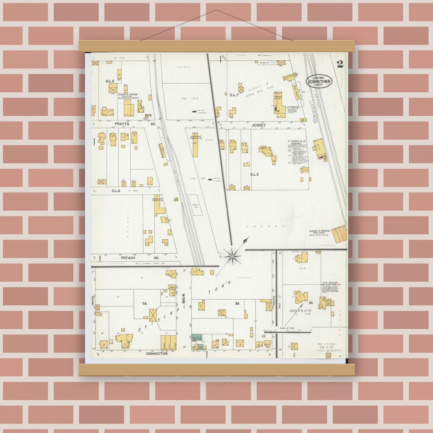 Old map wall art mockup — magnetic wood frame on brick wall — Sanborn Fire Insurance Map from Johnstown, Licking County, Ohio (1900), Sheet #0002