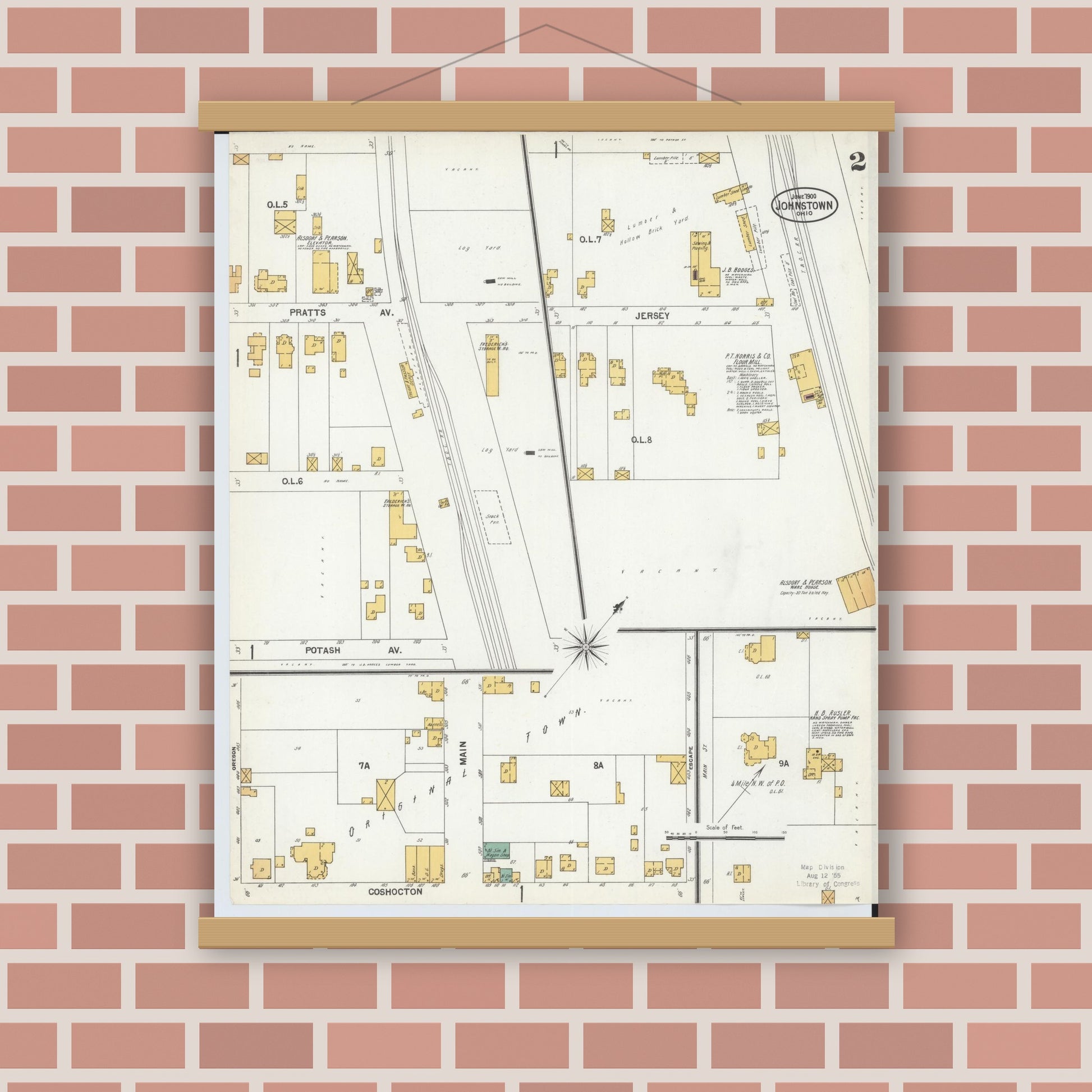 Old map wall art mockup — magnetic wood frame on brick wall — Sanborn Fire Insurance Map from Johnstown, Licking County, Ohio (1900), Sheet #0002