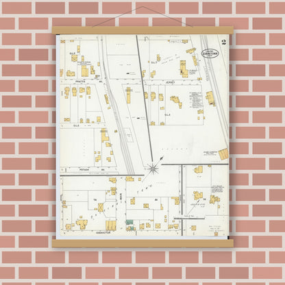 Old map wall art mockup — magnetic wood frame on brick wall — Sanborn Fire Insurance Map from Johnstown, Licking County, Ohio (1900), Sheet #0002