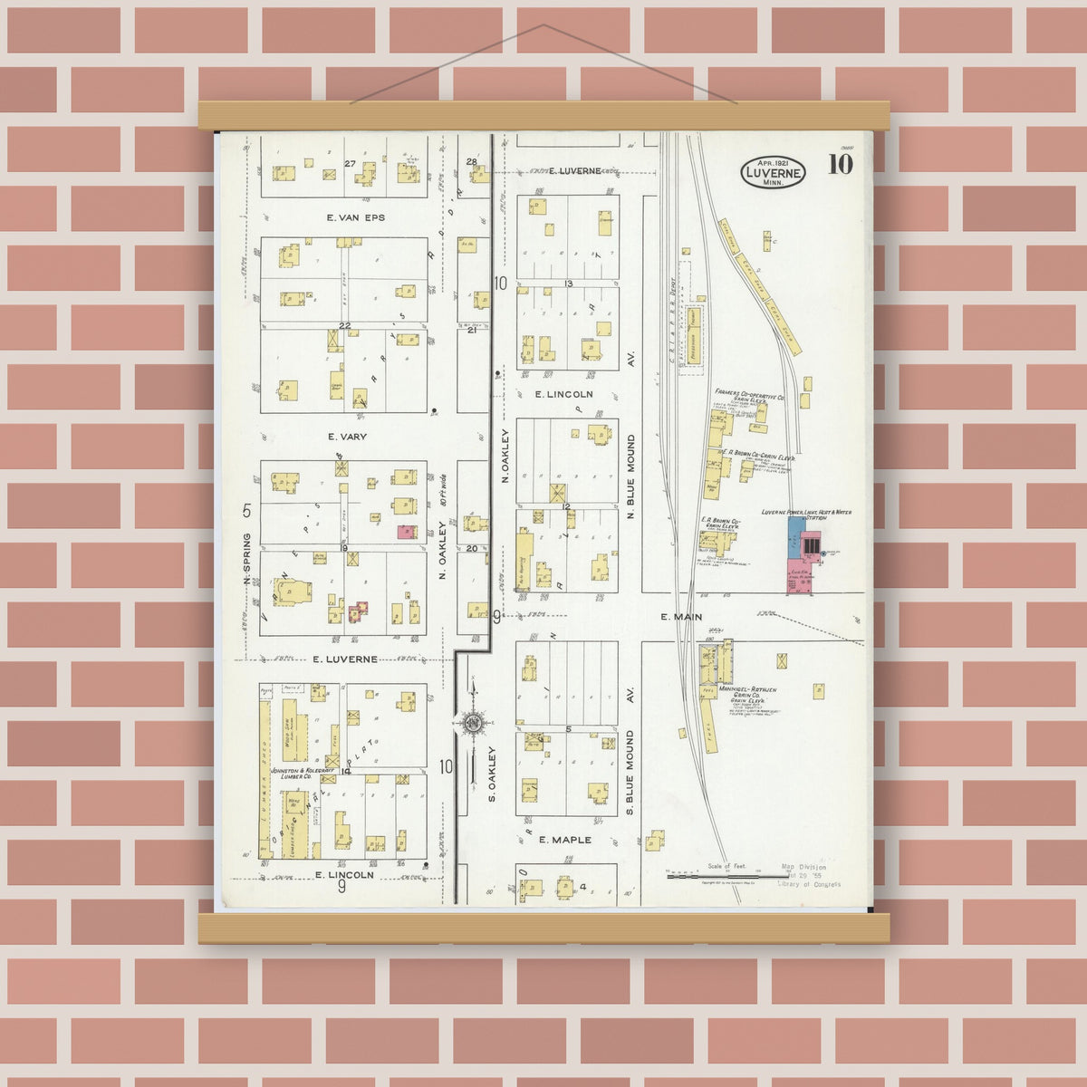 Old map wall art mockup — magnetic wood frame on brick wall — Sanborn Fire Insurance Map from Luverne, Rock County, Minnesota (1921), Sheet #0010